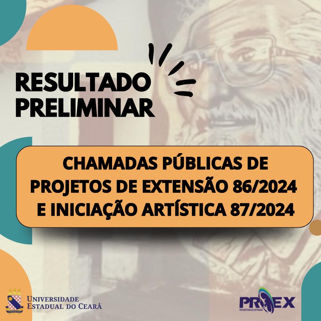 Proex divulga resultado preliminar das chamadas 86/2024 (Extensão) e 87/2024 (Iniciação Artística)